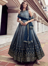 Grey Chinon Thread And Sequince Embroidered Work Gown